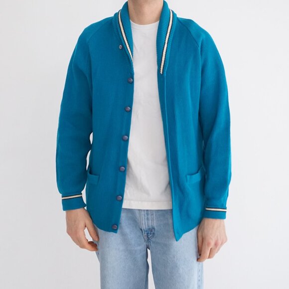 Other - Vintage Italian Art Knitting Teal Ribs Knit Button Cardigan Stripe Collar L (42)